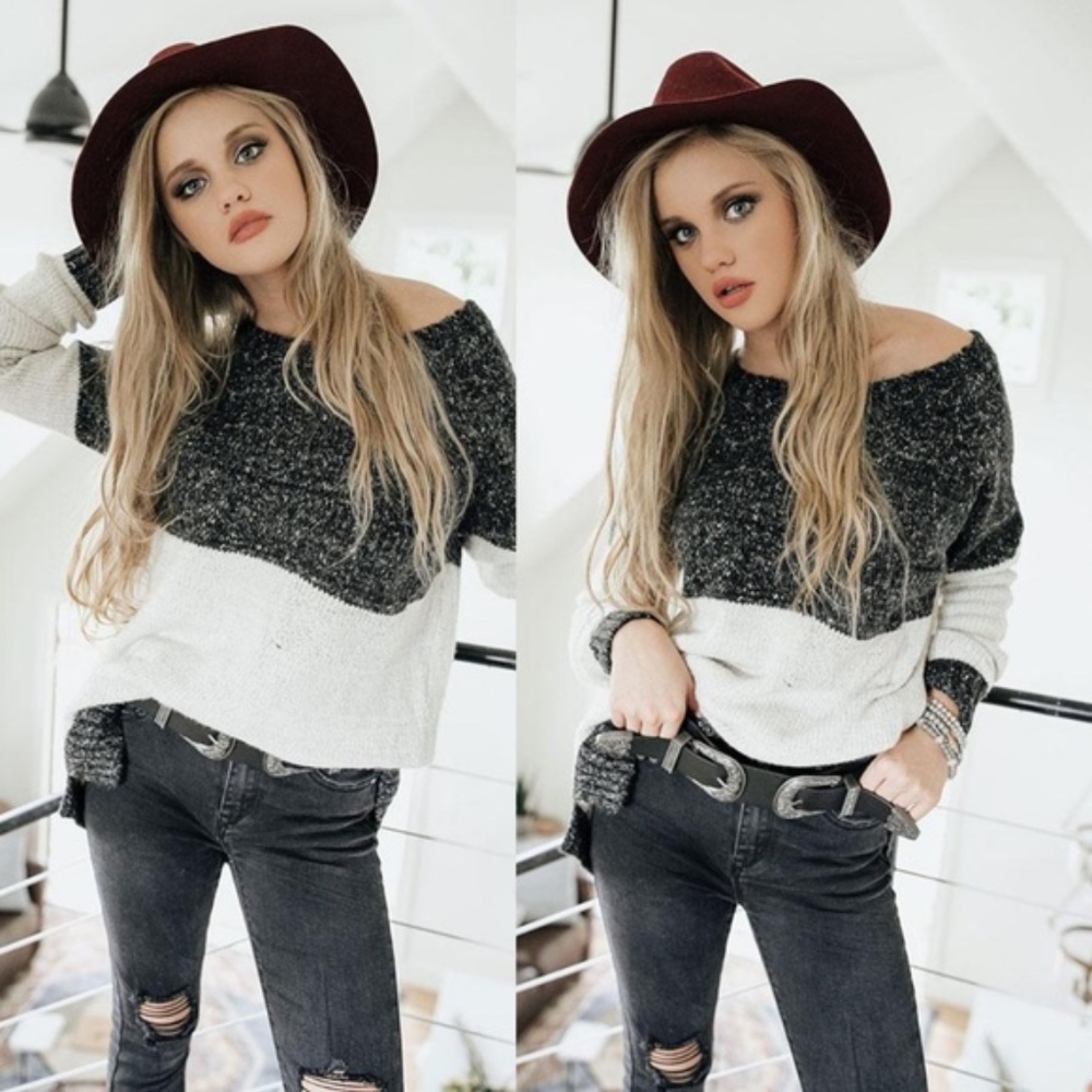 030 Cozy Color Block Loose fit Sweater Top - Picture 3 of 5